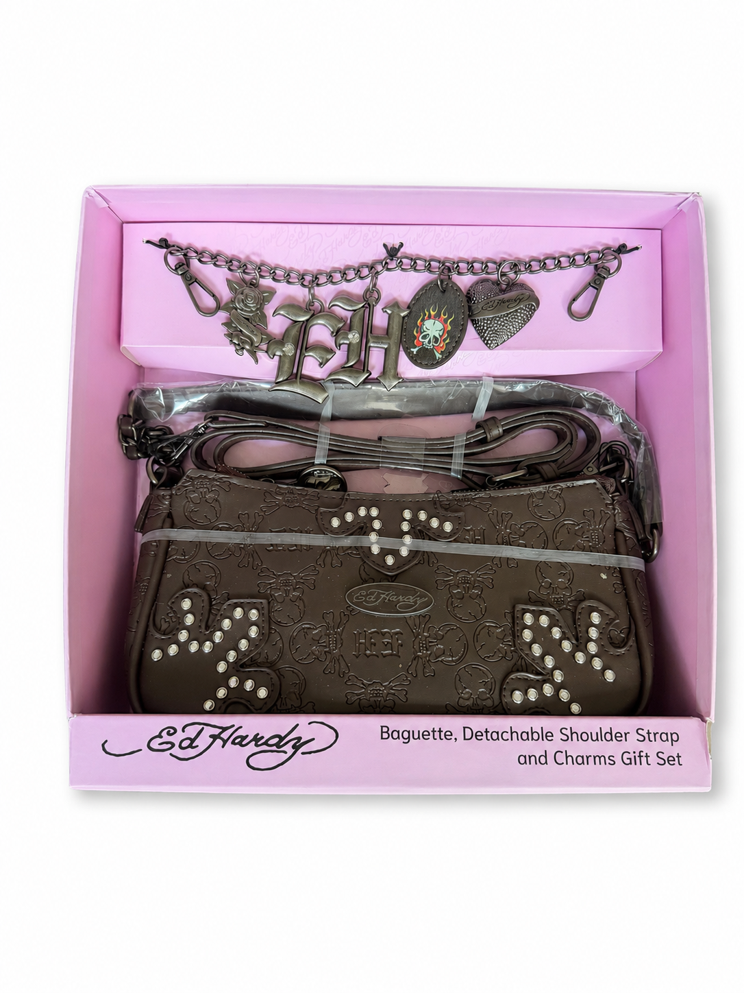 Ed Hardy Baguette Bag (Brown Skull Embossed w/ Charms)
